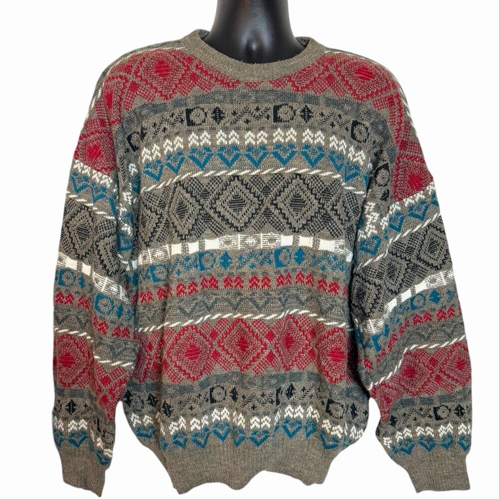 VTG 80s 90s MENS PROGETTO ITALY GRANDPA DAD SWEATER GEOMETRIC GRUNGE RETRO SZ XL